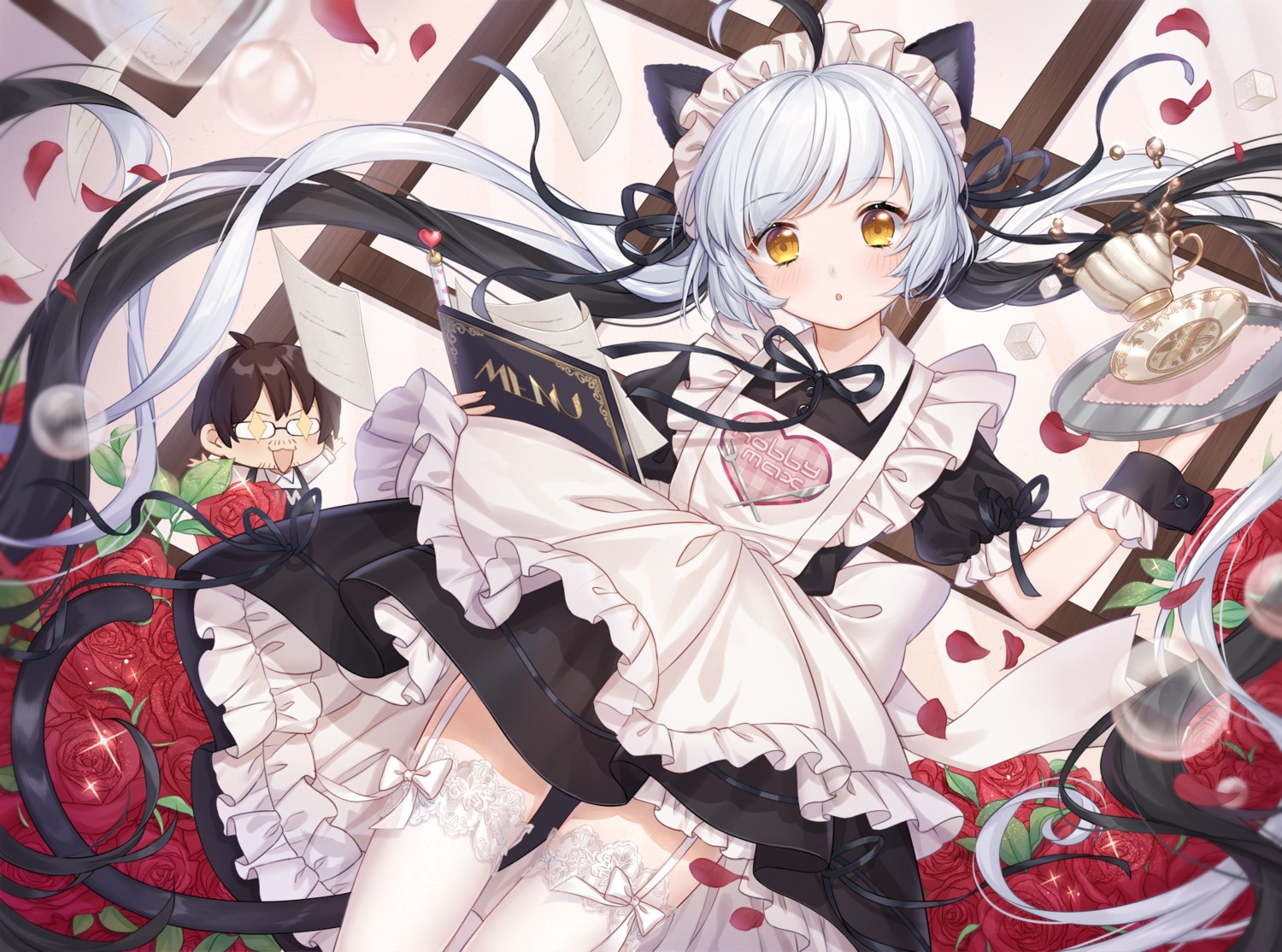 animal_ears chibi cup_(13636466299) maid megane nekomimi skirt_lift stockings tail thighhighs waitress