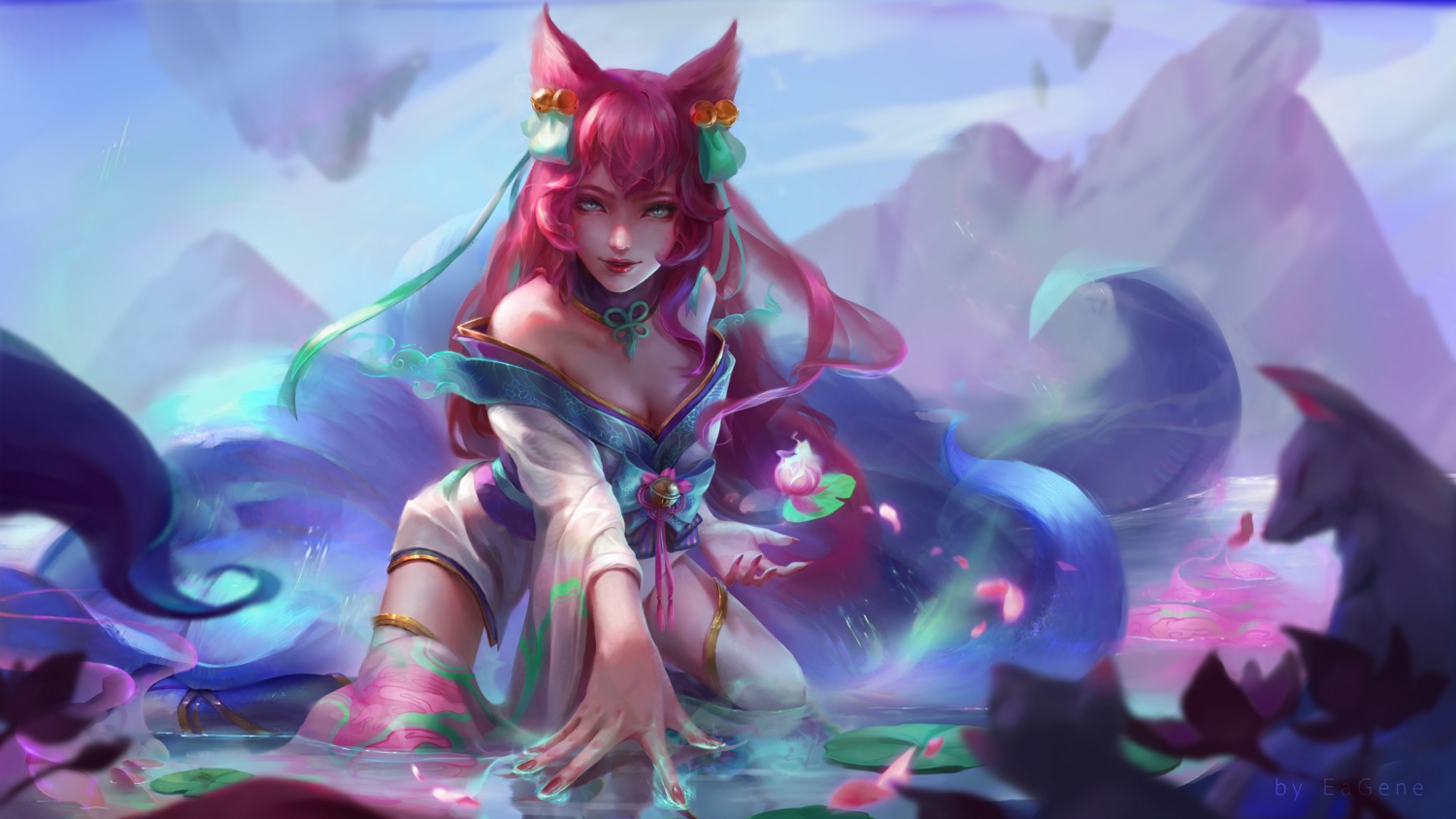 ahri animal_ears eagene japanese_clothes kitsune league_of_legends no_bra open_shirt tail thighhighs wet