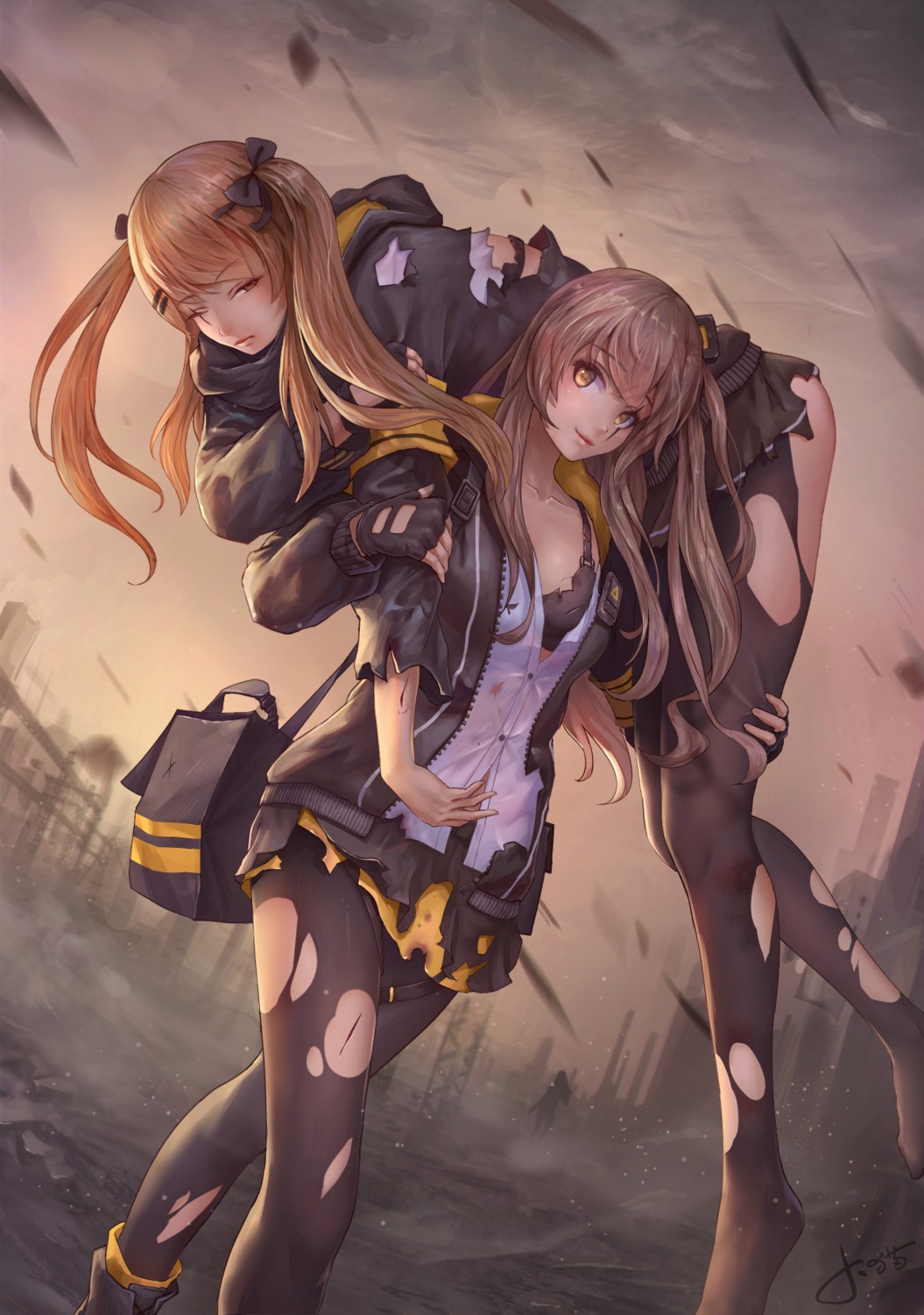 bra girls_frontline jay_xu open_shirt pantyhose torn_clothes ump45_(girls_frontline) ump9_(girls_frontline)