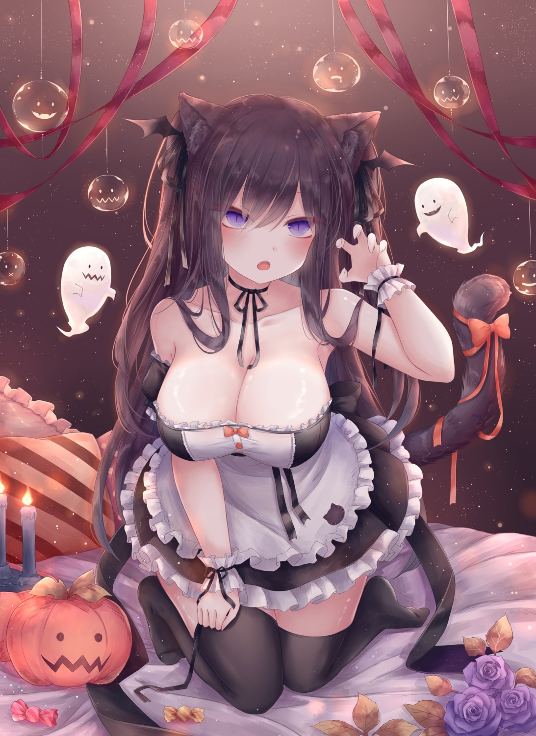 animal_ears halloween maid nekomimi no_bra tail thighhighs yenshin