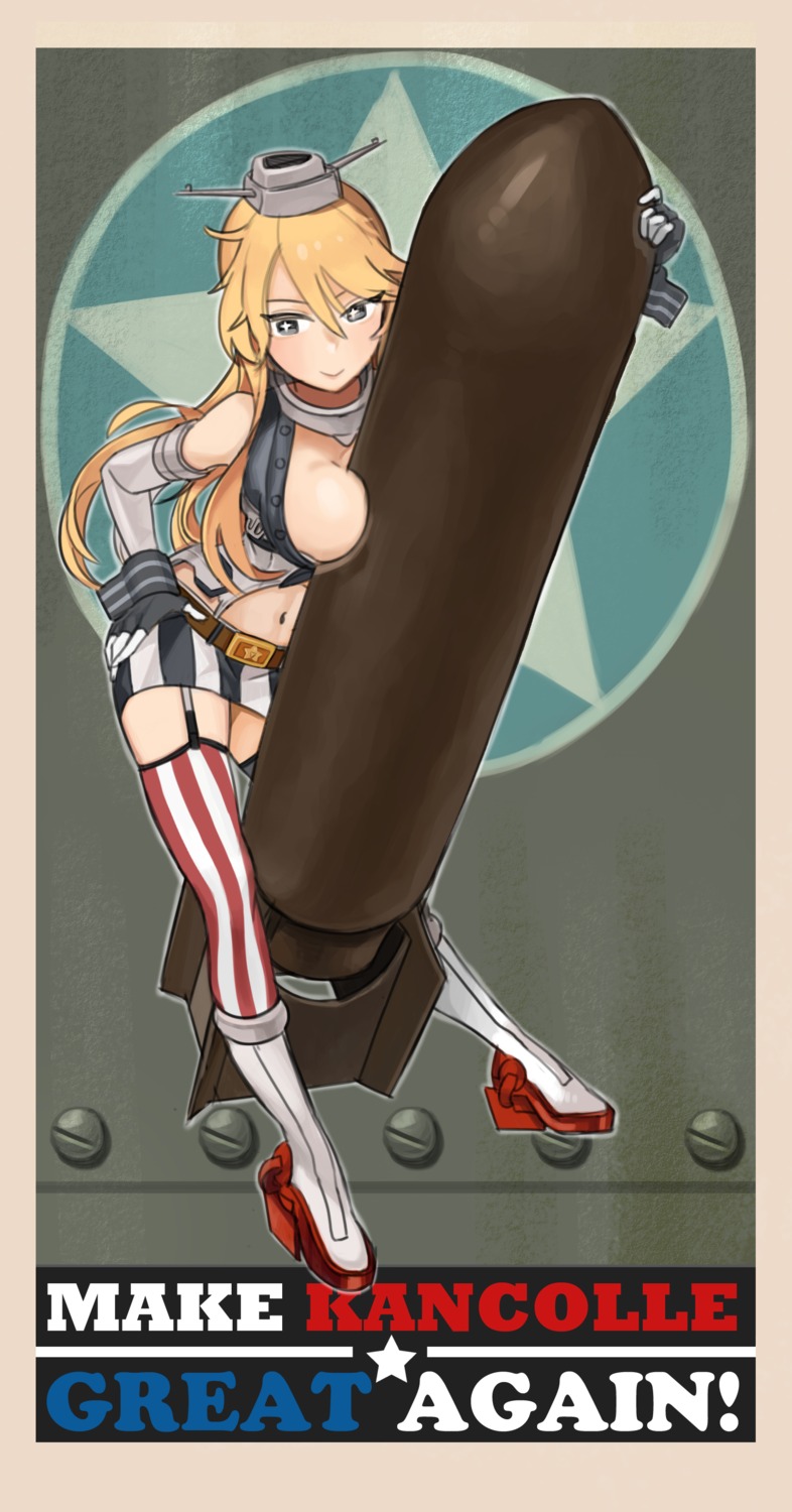 breasts gom heels iowa_(kancolle) kantai_collection no_bra open_shirt stockings thighhighs