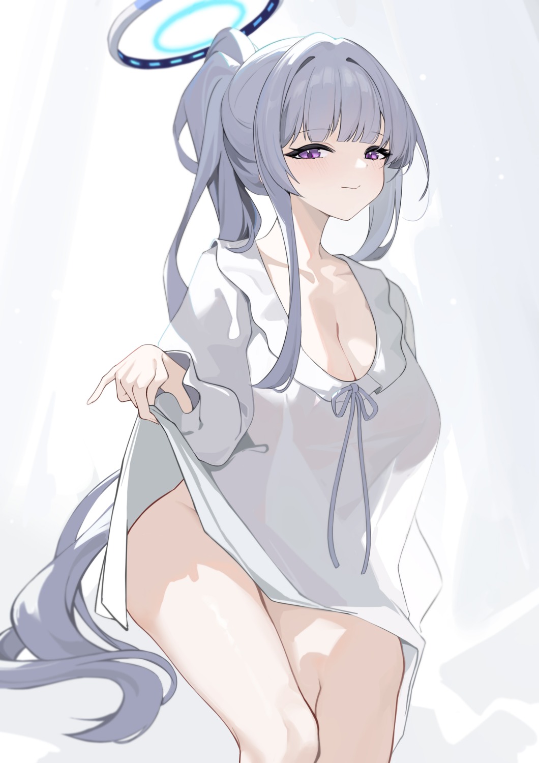 blue_archive chinoryuu cleavage dress halo nopan see_through skirt_lift ushio_noa