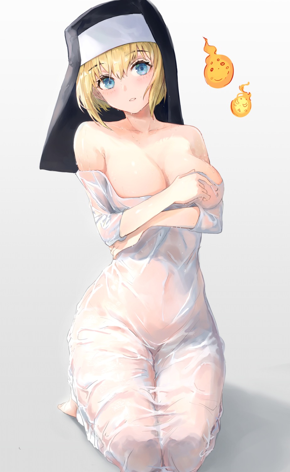 breast_hold enen_no_shouboutai erect_nipples iris_(enen_no_shouboutai) no_bra nopan nun open_shirt pigone see_through wet wet_clothes