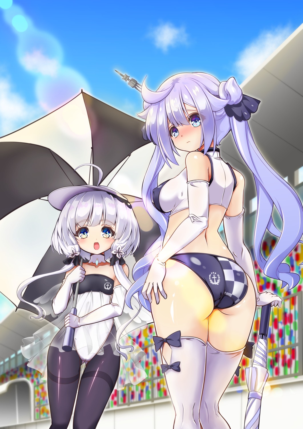 ass azur_lane breast_hold buruma cameltoe erect_nipples leotard little_illustrious_(azur_lane) loli no_bra pantyhose raranokusu see_through thighhighs umbrella unicorn_(azur_lane) wings