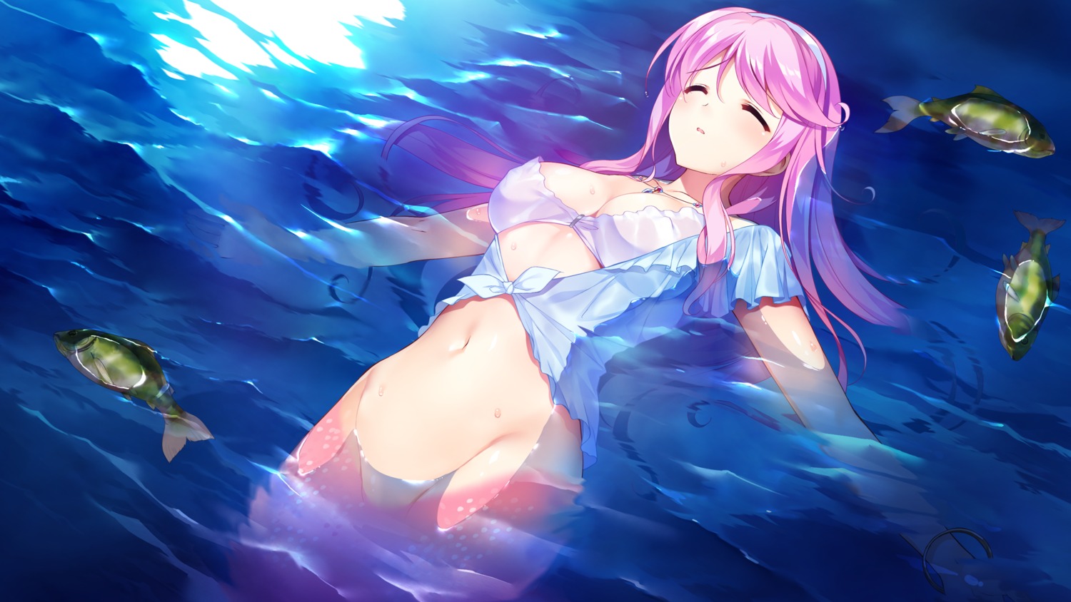 bottomless bra cleavage front_wing fumio game_cg hatsuru_koto_naki_mirai_yori meltyna mermaid monster_girl open_shirt wet