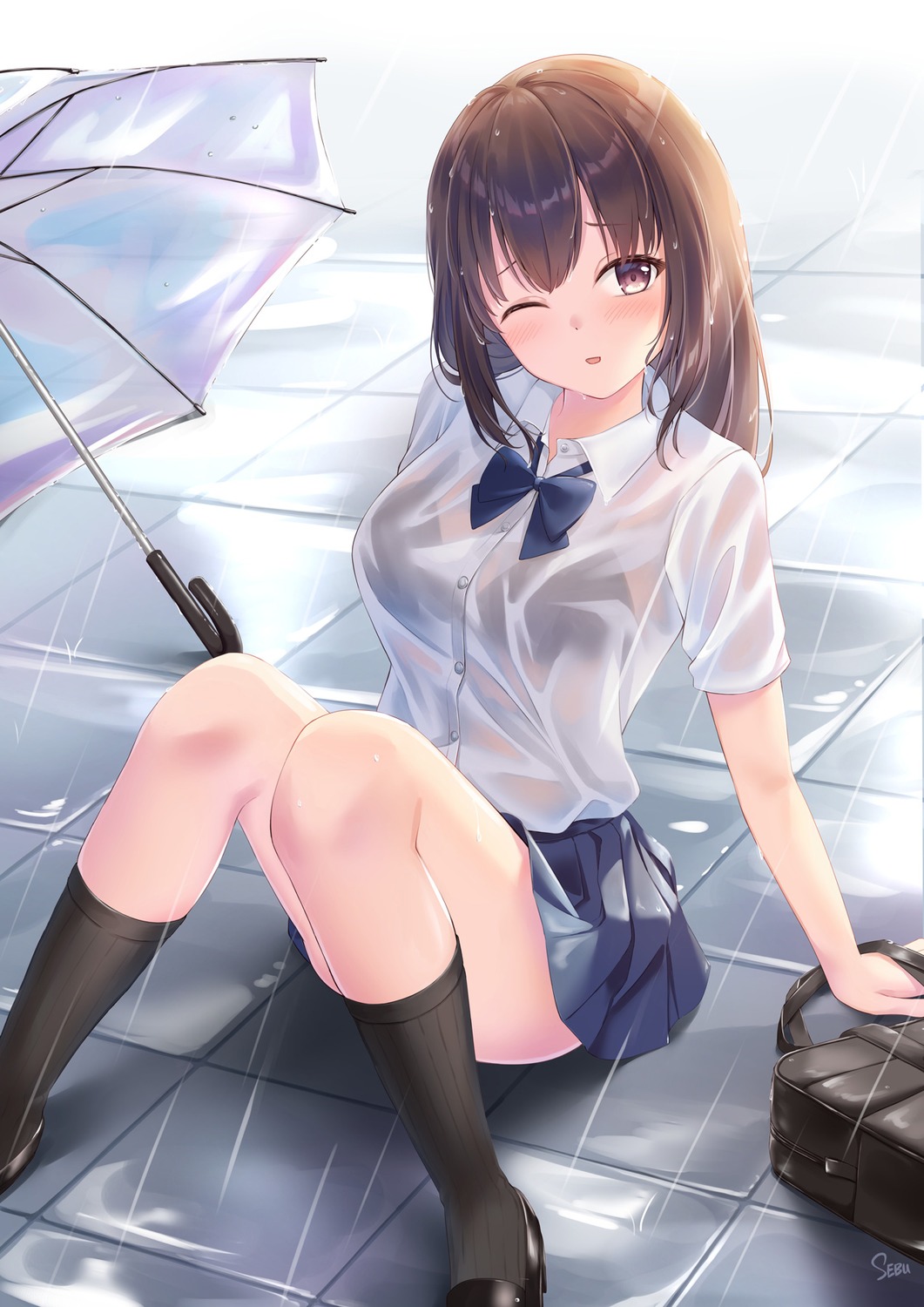 bra sebu_illust see_through seifuku skirt_lift umbrella wet wet_clothes