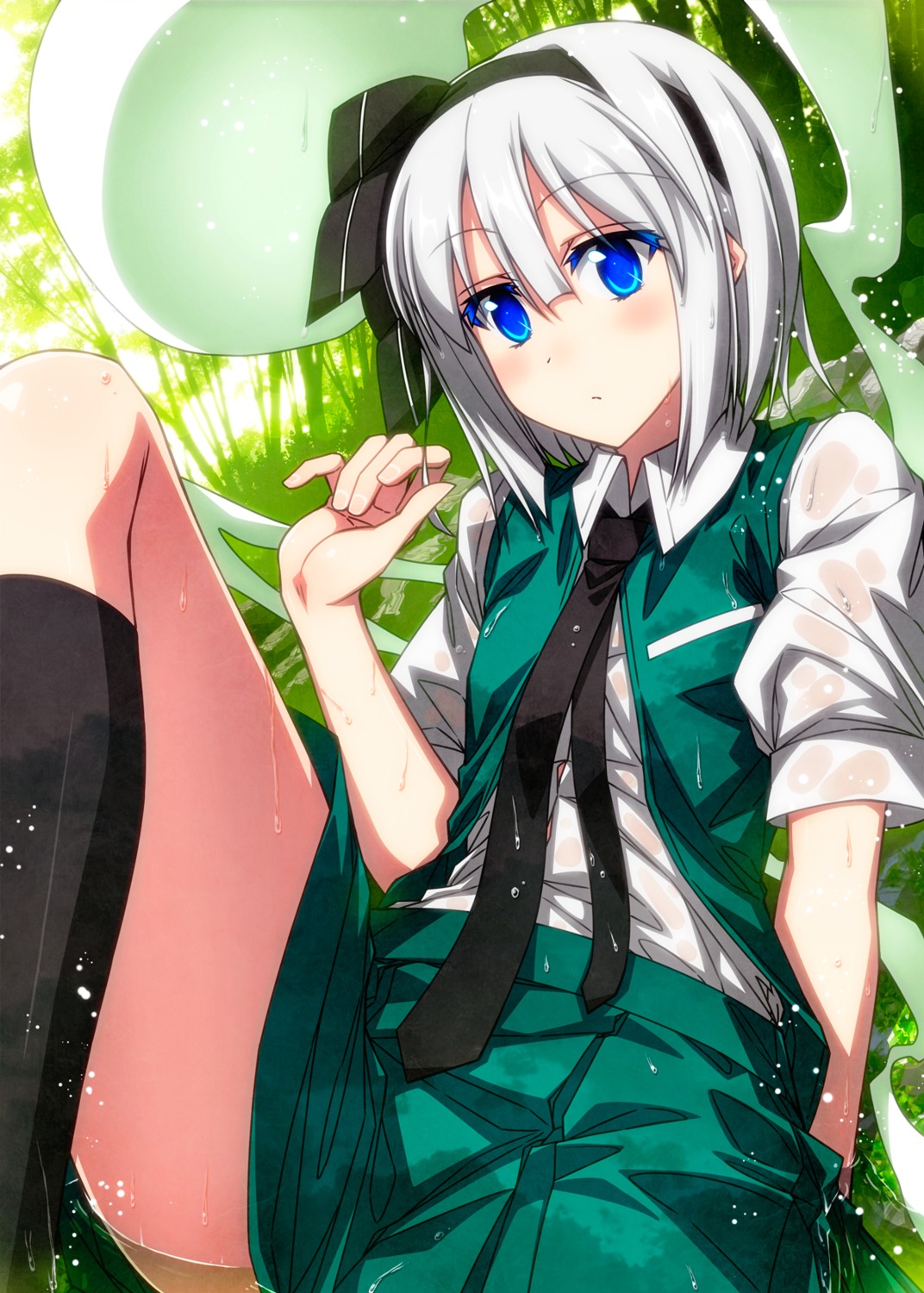 konpaku_youmu myon sazanami_mio see_through skirt_lift touhou wet wet_clothes