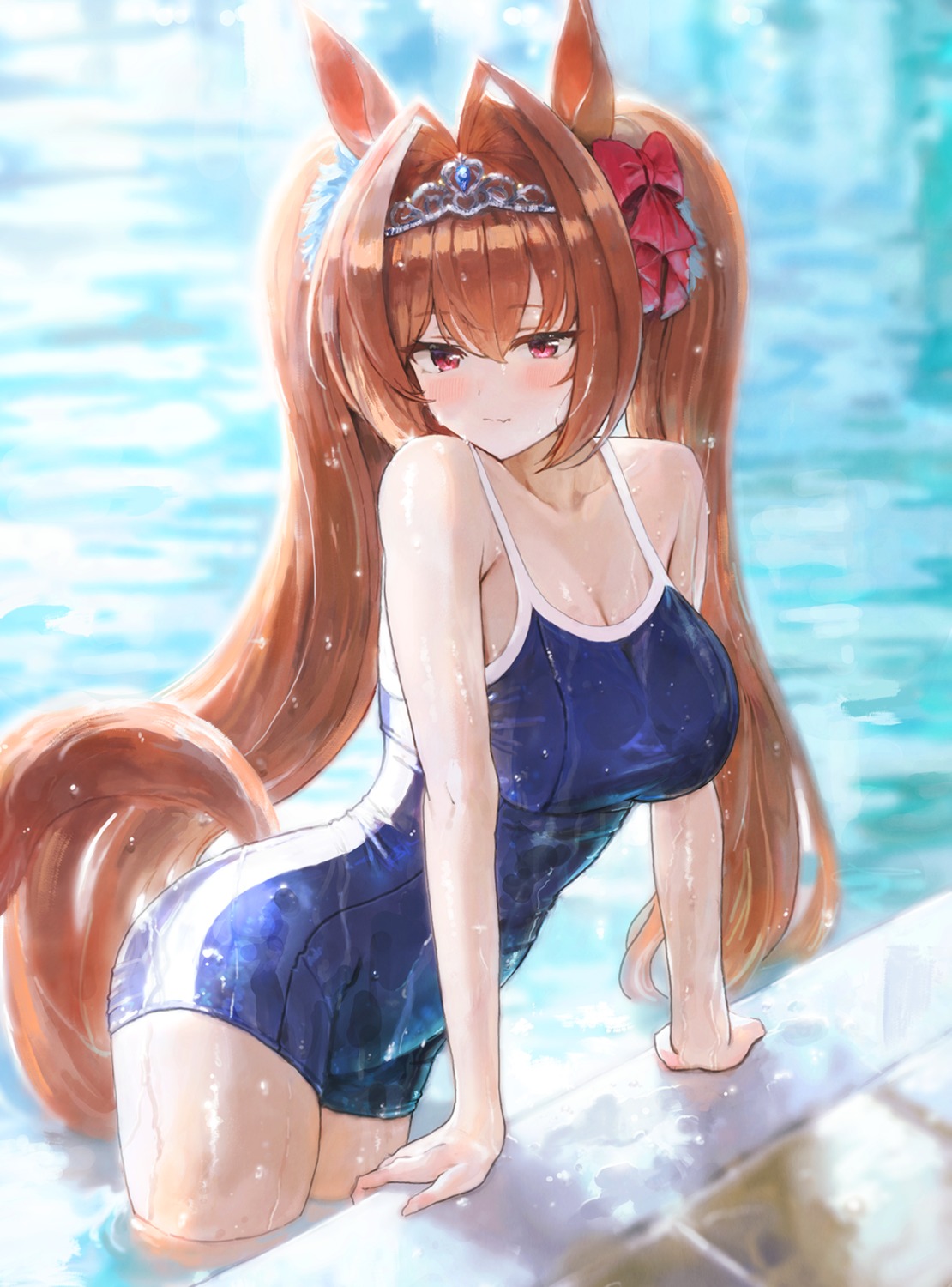 animal_ears cleavage daiwa_scarlet_(umamusume) school_swimsuit sonchi swimsuits tail uma_musume_pretty_derby