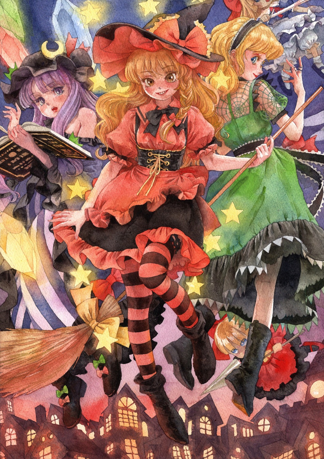 alice_margatroid bloomers dress garter halloween kirisame_marisa patchouli_knowledge stockings thighhighs touhou weapon witch