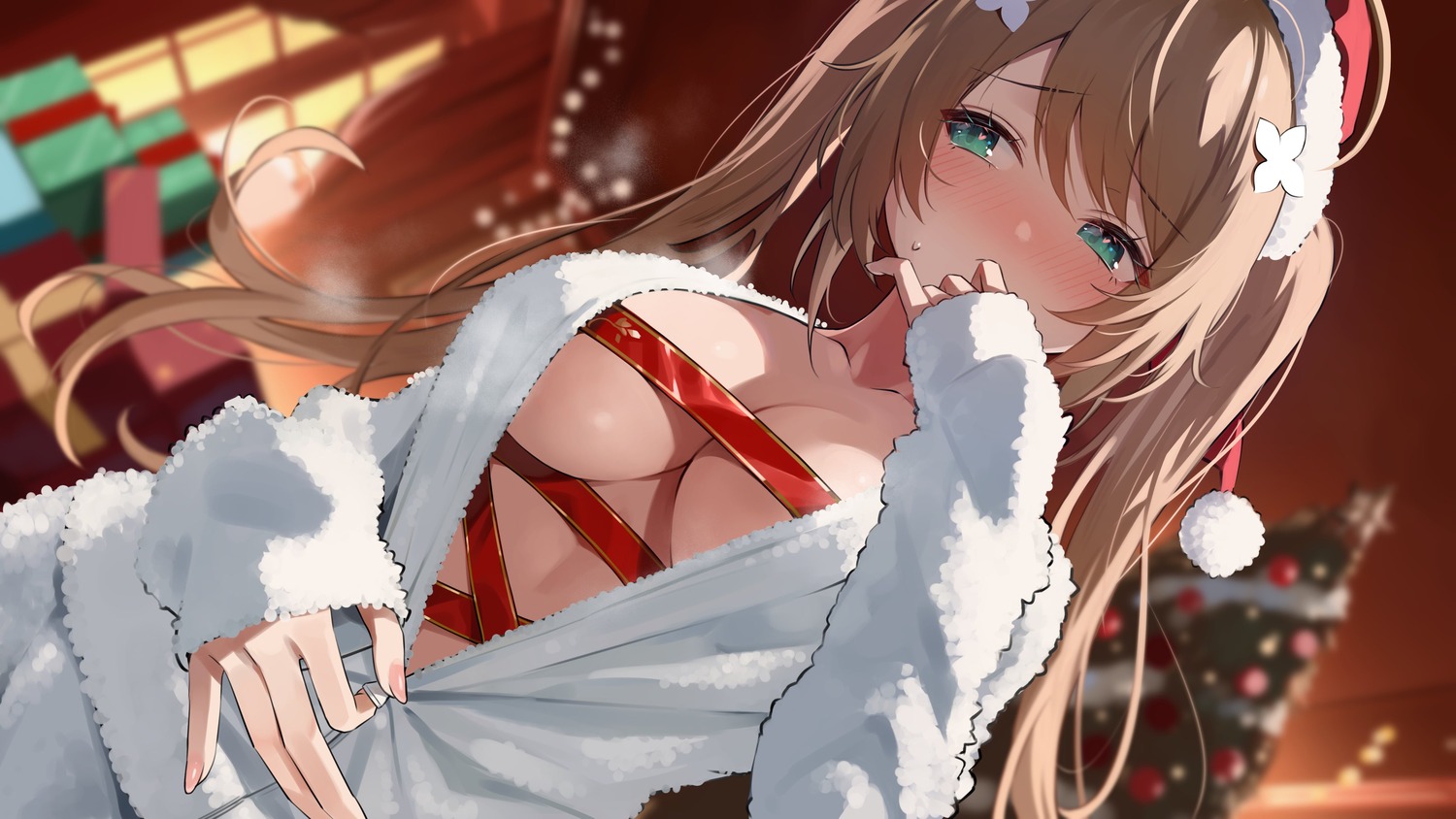 aogiri_koukou_game_club christmas kkix25 kurikoma_komaru no_bra open_shirt undressing