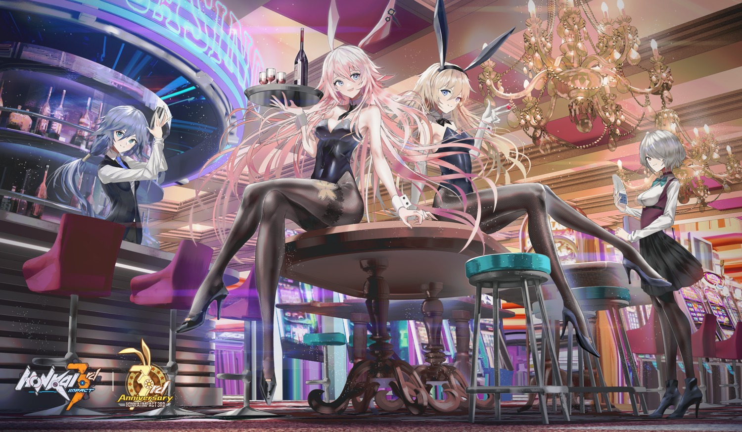 animal_ears benghuai_xueyuan bunny_ears bunny_girl heels honkai_impact no_bra pantyhose swav waitress yae_sakura_(benghuai_xueyuan)