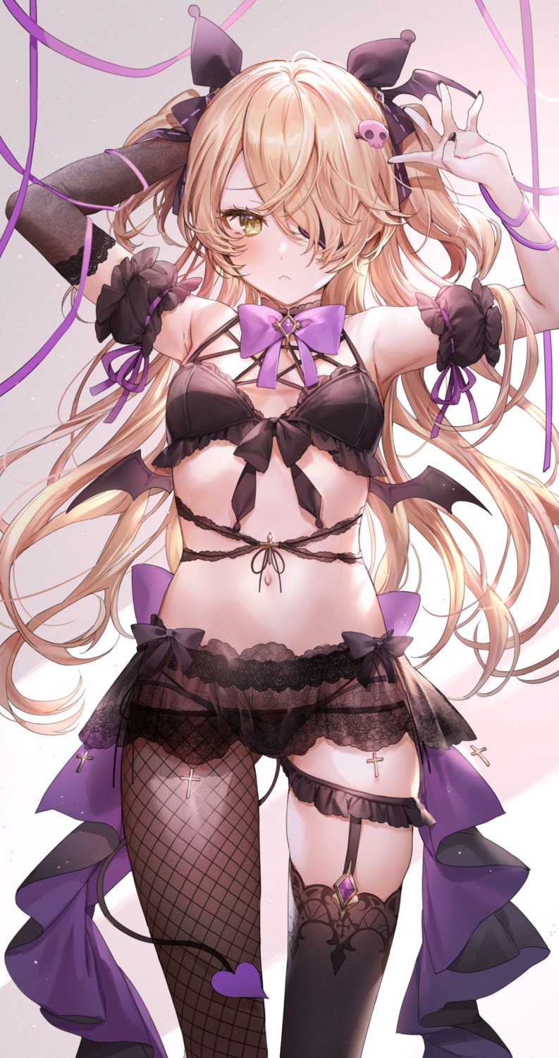 bra cleavage eyepatch fischl fishnets garter genshin_impact lingerie pantsu pillo see_through stockings tail thighhighs wings