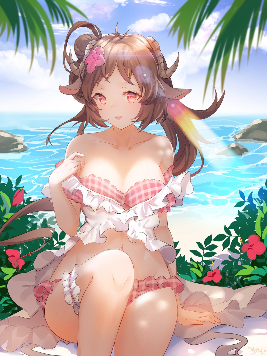 animal_ears arknights bikini eyjafjalla_(arknights) garter horns lingshalan open_shirt swimsuits