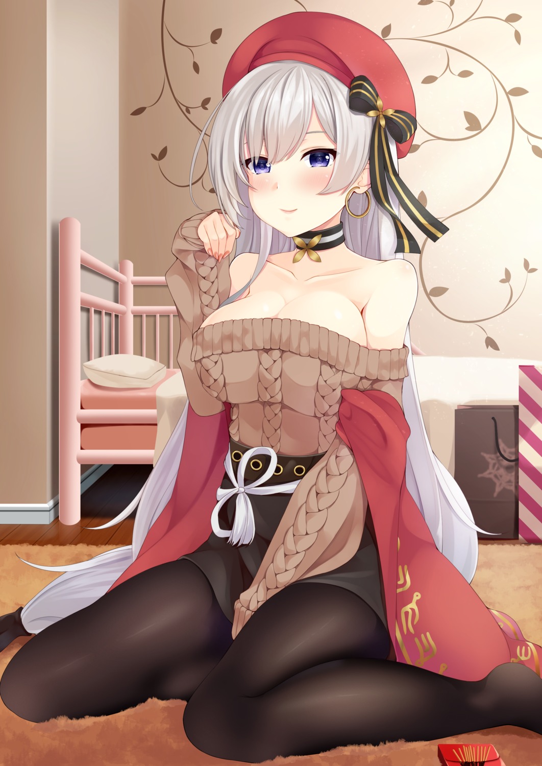 azur_lane belfast_(azur_lane) no_bra pantyhose shaketarako sweater