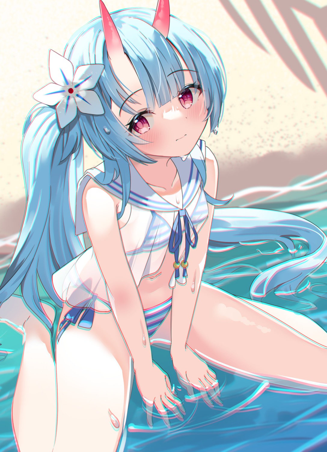 bikini blue_archive horns hosigarasu22 see_through swimsuits waraku_chise wet