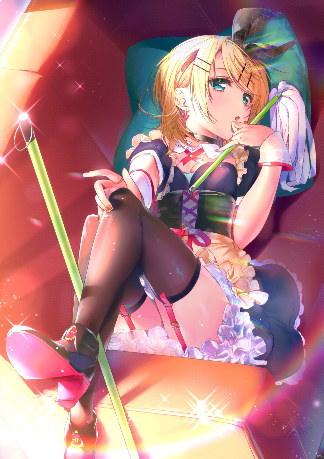 ayamori_mimi cleavage heels kagamine_rin maid see_through skirt_lift stockings thighhighs vocaloid