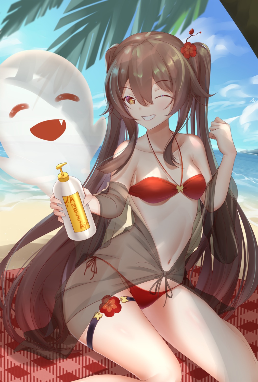 bikini garter genshin_impact hu_tao kaede_uehara open_shirt see_through swimsuits