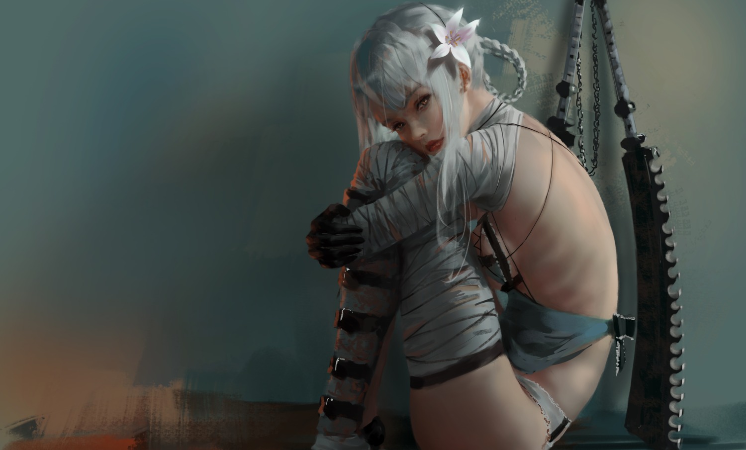 bandages kaine_(nier) nier nier_replicant no_bra weapon wlop