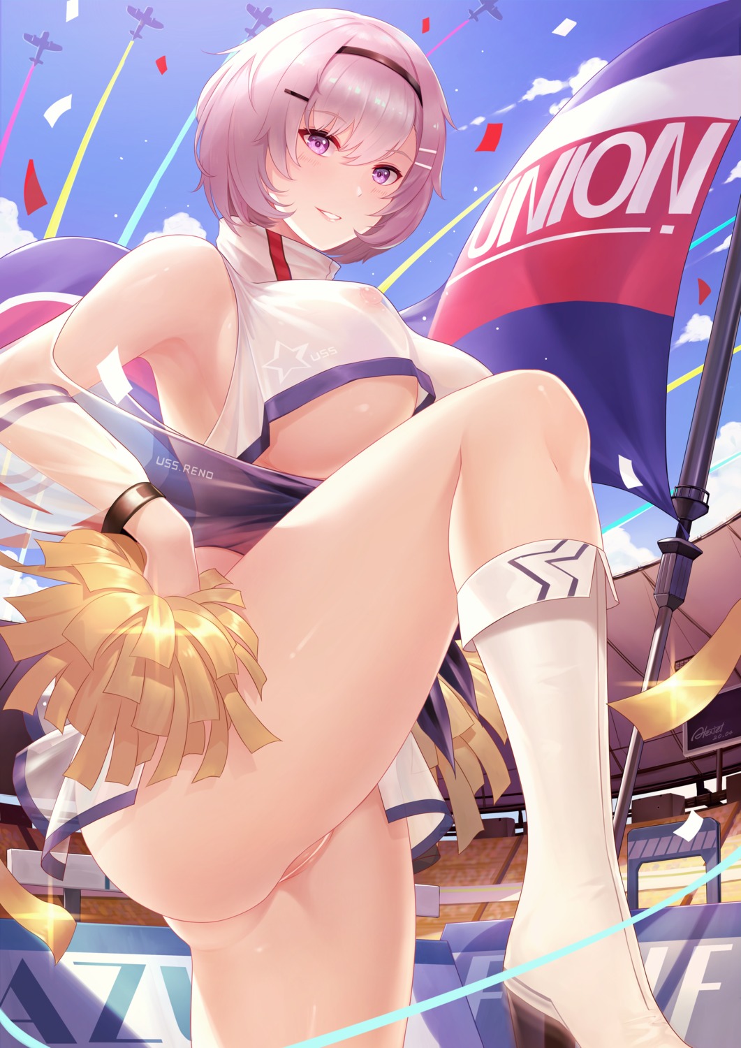 alexiel_(pixiv6211566) azur_lane censored cheerleader heels nipples no_bra nopan pussy reno_(azur_lane) see_through skirt_lift