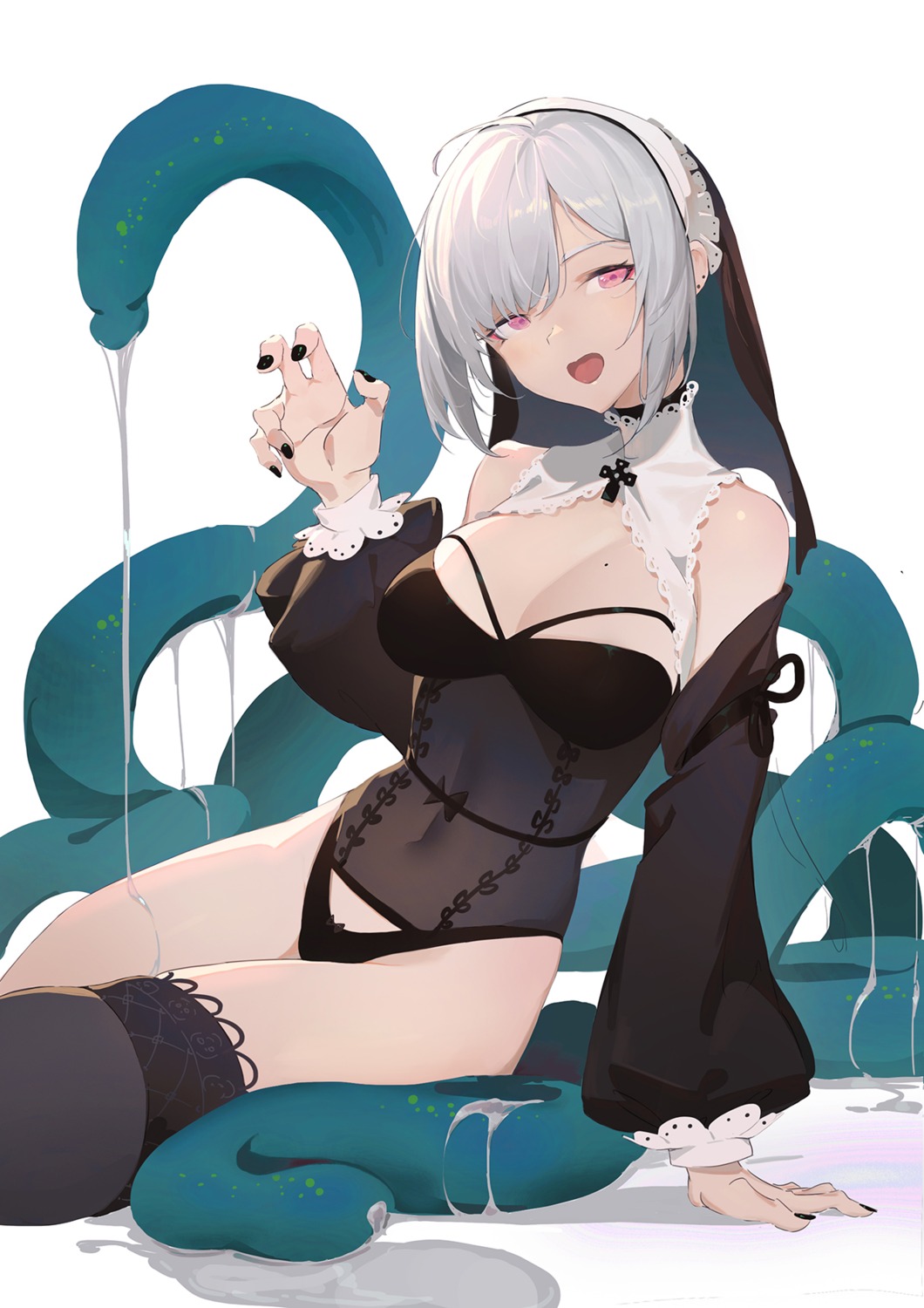 cleavage cum huang_(volt0526) leotard lingerie nun see_through tentacles thighhighs