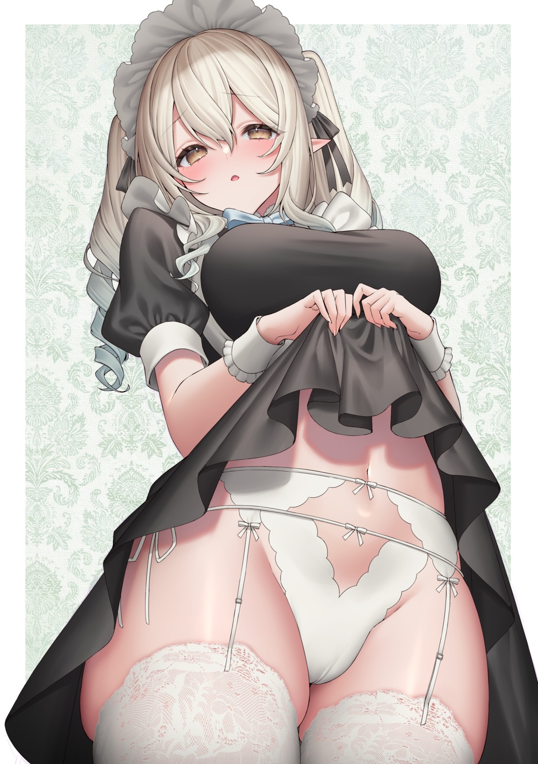 cameltoe garter_belt maid pantsu pointy_ears sakura_shiho skirt_lift stockings string_panties thighhighs undressing