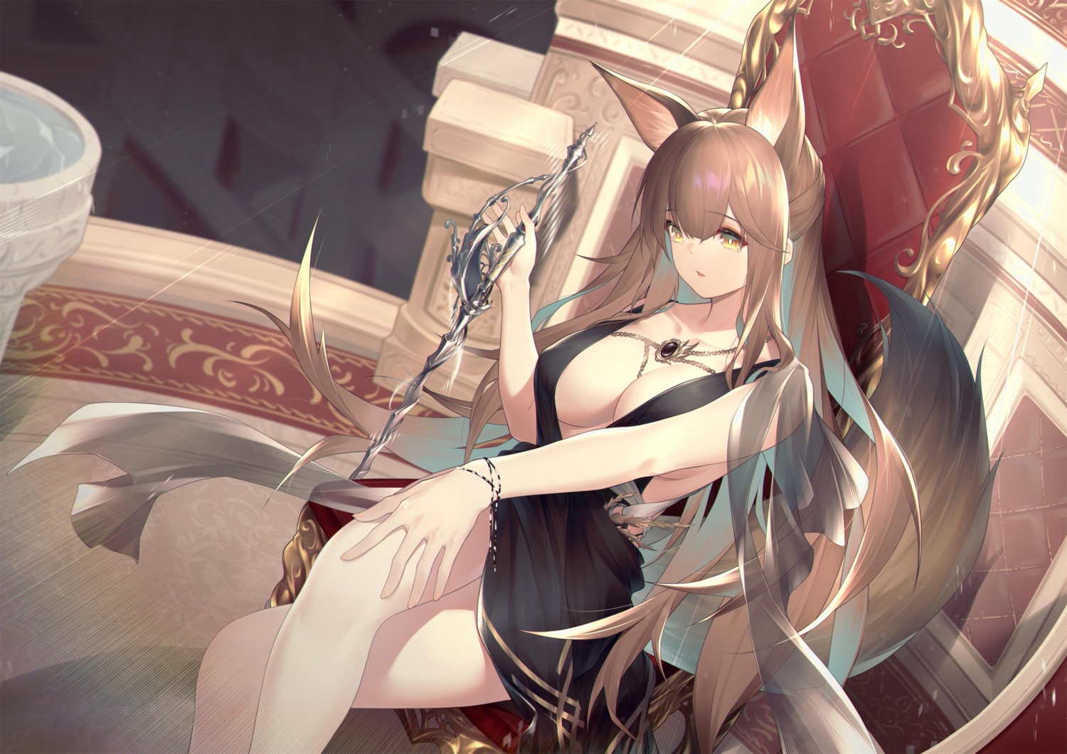 animal_ears arknights dress franka_(arknights) jiusan_naitan no_bra skirt_lift sword tail