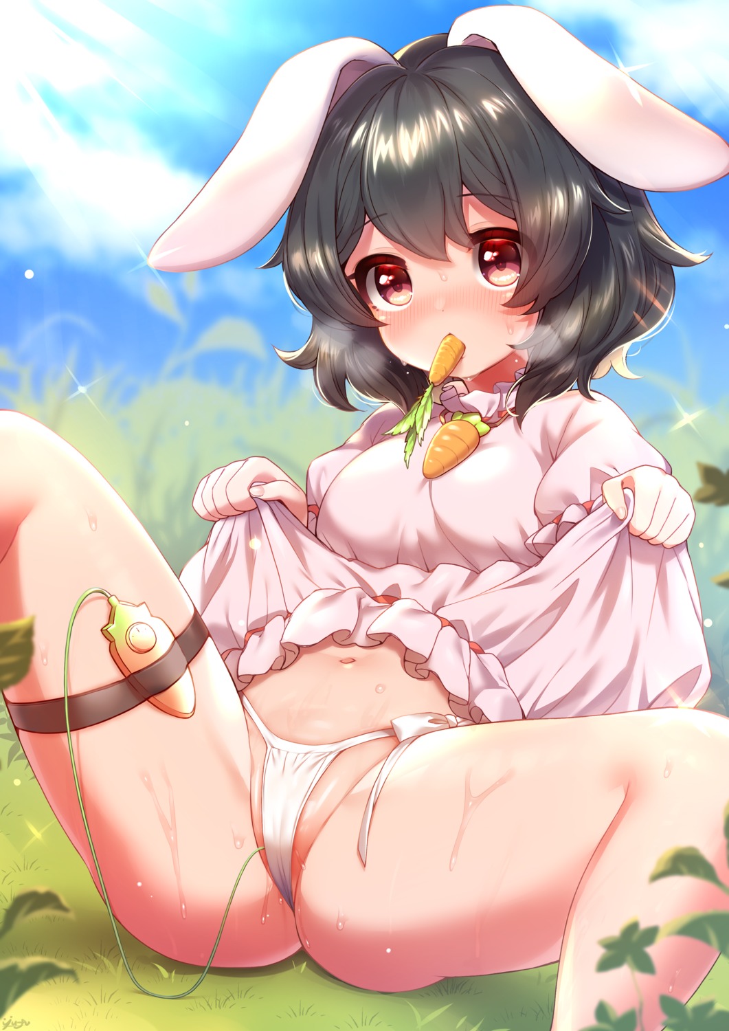 animal_ears bunny_ears cameltoe garter inaba_tewi loli pantsu pussy_juice skirt_lift string_panties thong touhou vibrator yufukiri