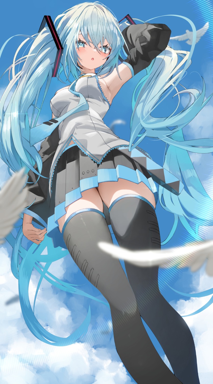 hatsune_miku kamioka_chiroru no_bra skirt_lift thighhighs vocaloid