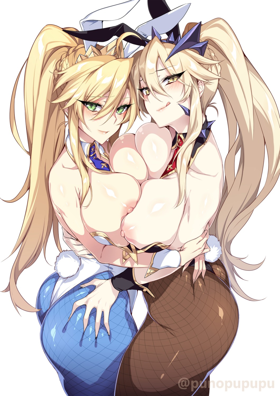 animal_ears artoria_pendragon_(lancer) artoria_pendragon_alter_(fate/grand_order) ass ass_grab breasts bunny_ears bunny_girl fate/grand_order fishnets horns nipples no_bra pantyhose puuzaki_puuna symmetrical_docking tail yuri