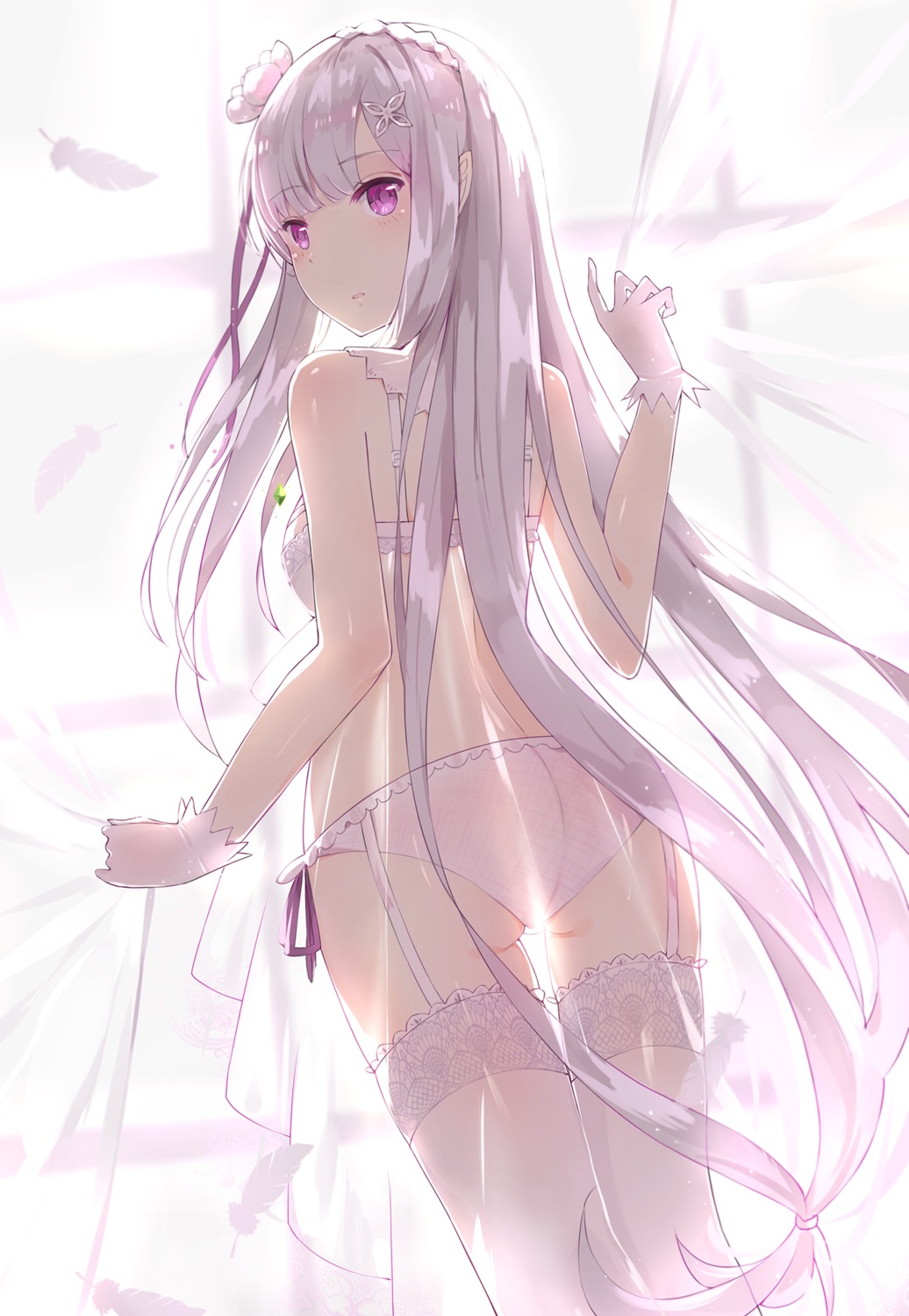 ass bra elf emilia_(re_zero) gkn lingerie pantsu pointy_ears re_zero_kara_hajimeru_isekai_seikatsu see_through stockings string_panties thighhighs