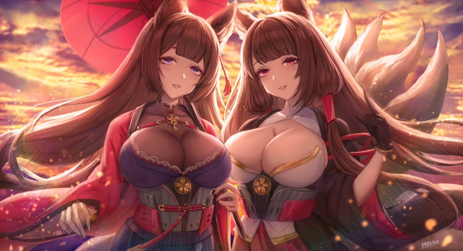 akagi_(azur_lane) amagi_(azur_lane) animal_ears azur_lane japanese_clothes kitsune no_bra pafekui tail umbrella