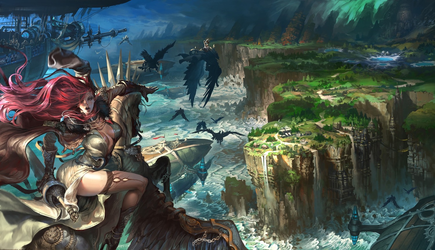 armor cleavage dress heels landscape no_bra tagme thighhighs weapon