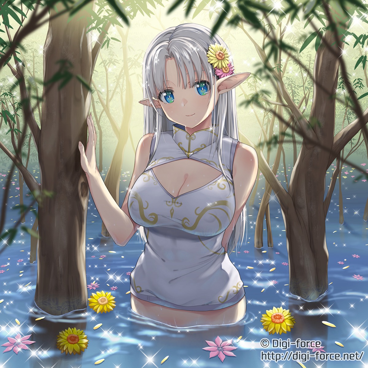 asian_clothes bottomless cleavage elf kimura_shigetaka pointy_ears wet