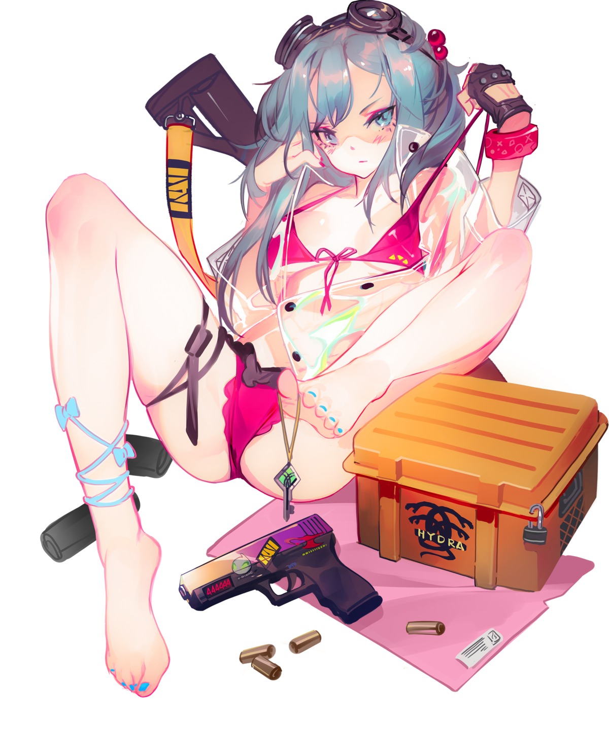 bikini feet garter grandia_lee gun open_shirt see_through swimsuits undressing