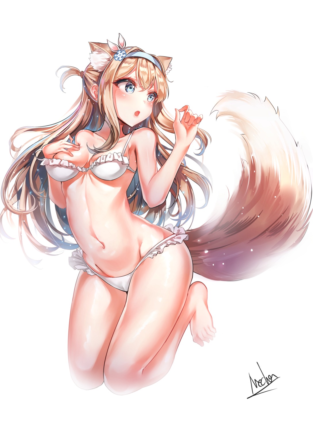 animal_ears bikini breast_hold girls_frontline mecha_(alswp) suomi_kp31_(girls_frontline) swimsuits tail wardrobe_malfunction