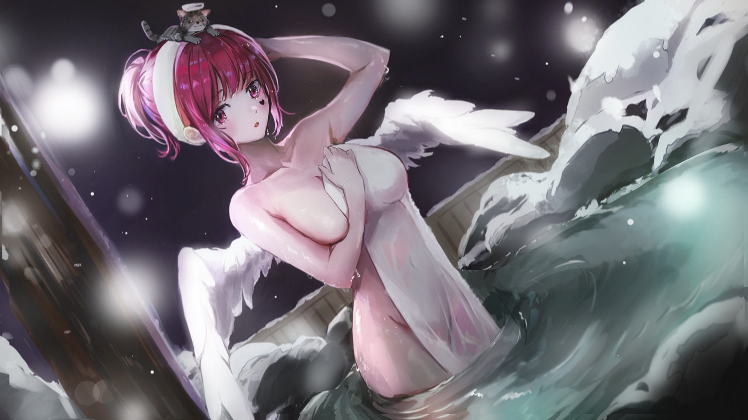 dana_(hapong07) naked neko onsen towel wallpaper wet wings