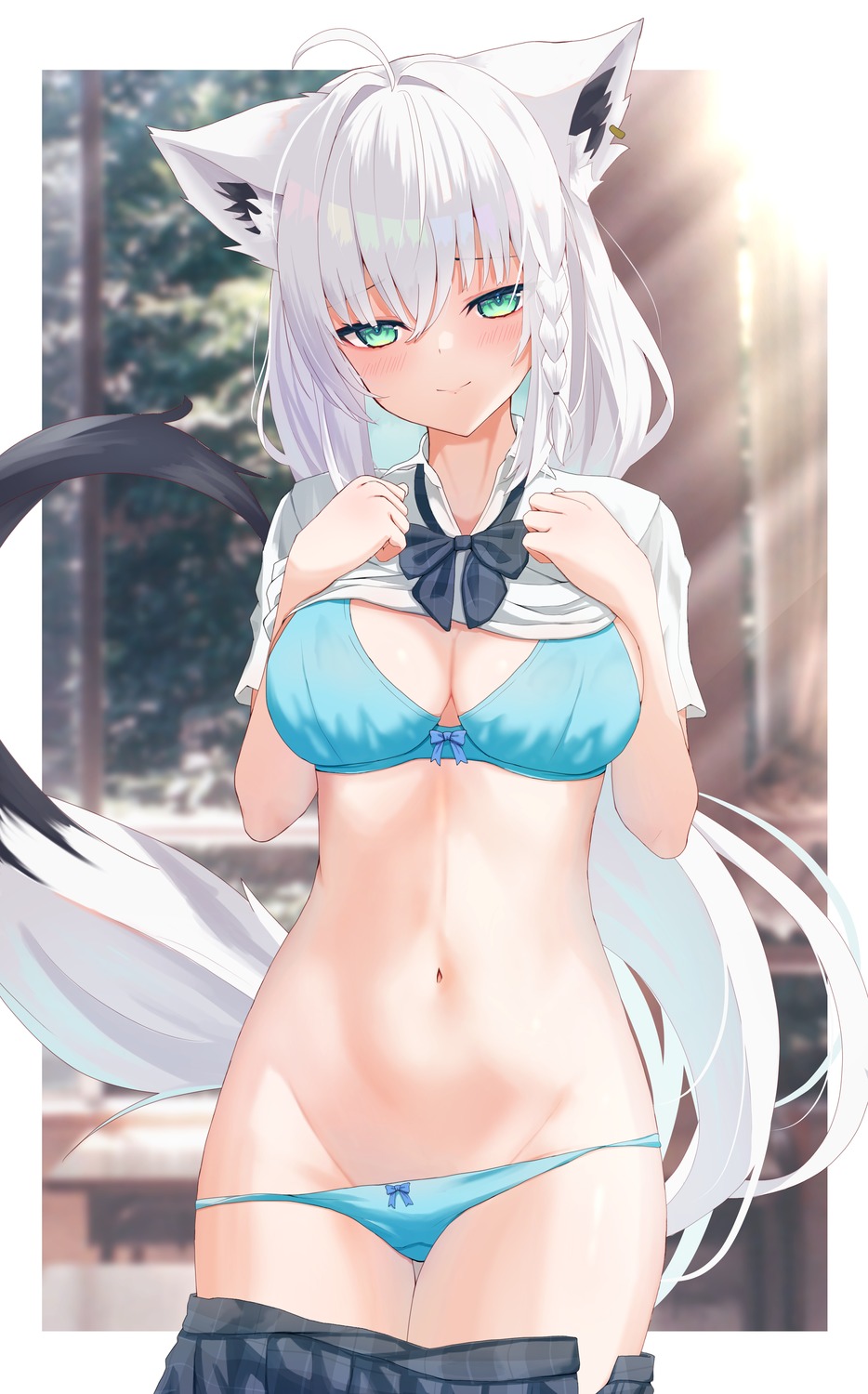 animal_ears bra hololive hololive_gamers kitsune o29sukizero pantsu panty_pull seifuku shirakami_fubuki skirt_lift tail