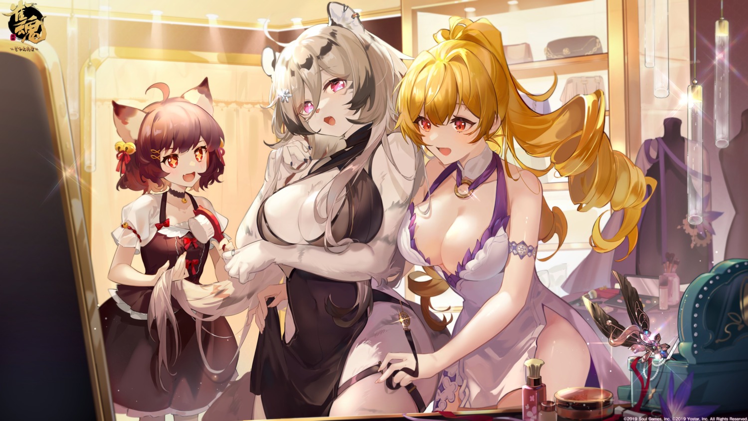 animal_ears dress garter hannah_(majsoul) ichihime_(majsoul) majsoul mirai_(majsoul) nekomimi no_bra tagme tail