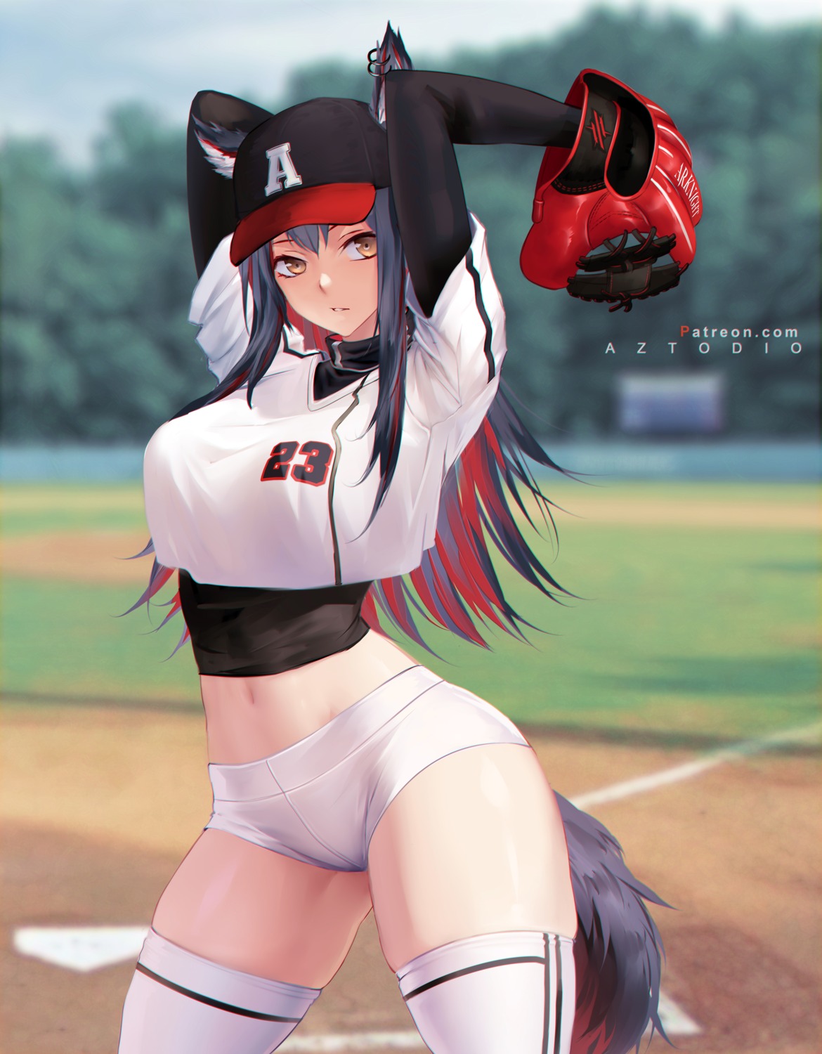 animal_ears arknights azto_dio baseball tail texas_(arknights) thighhighs uniform