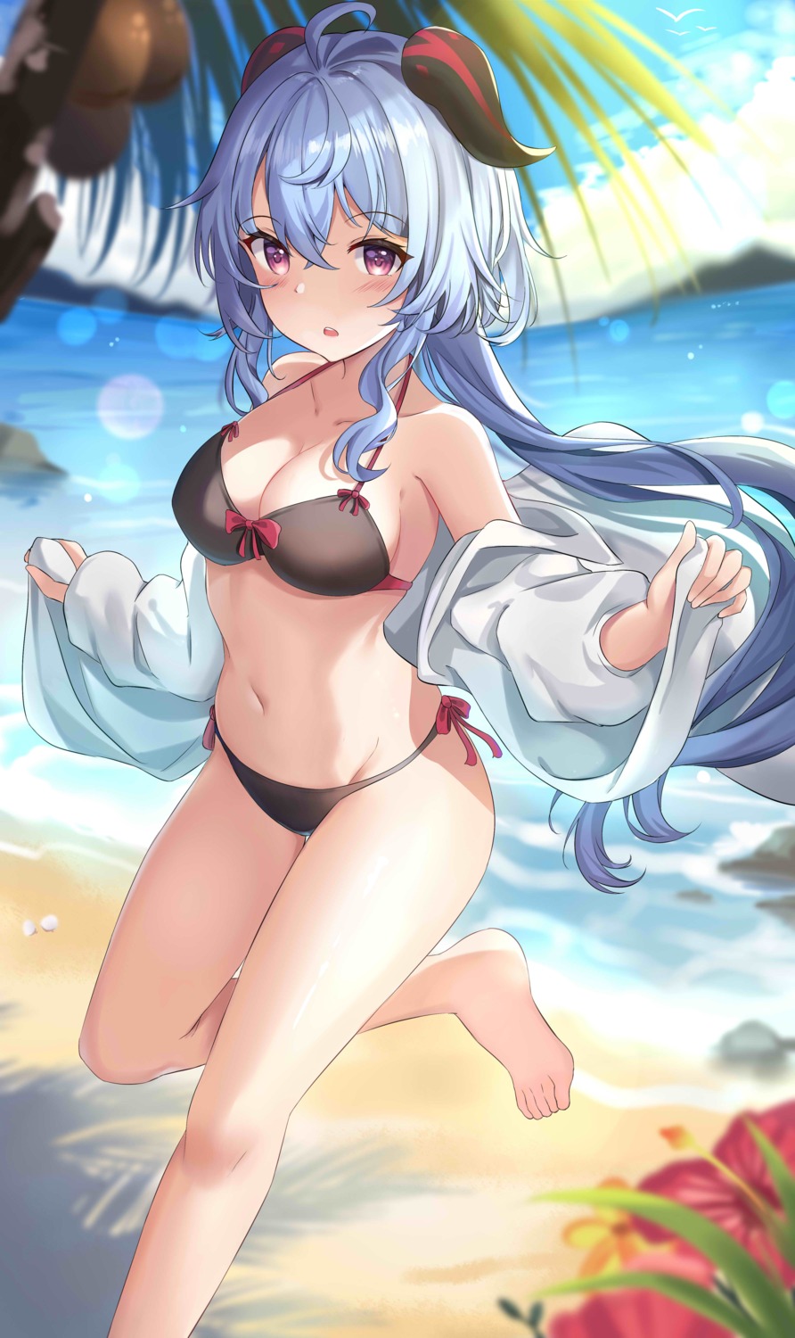 bikini ganyu genshin_impact horns jpeg_artifacts open_shirt shirt_lift swimsuits tagme