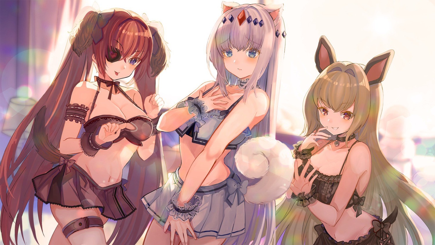 animal_ears breast_hold cleavage eyepatch garter inumimi shibaebi_(yasaip_game) tail wallpaper