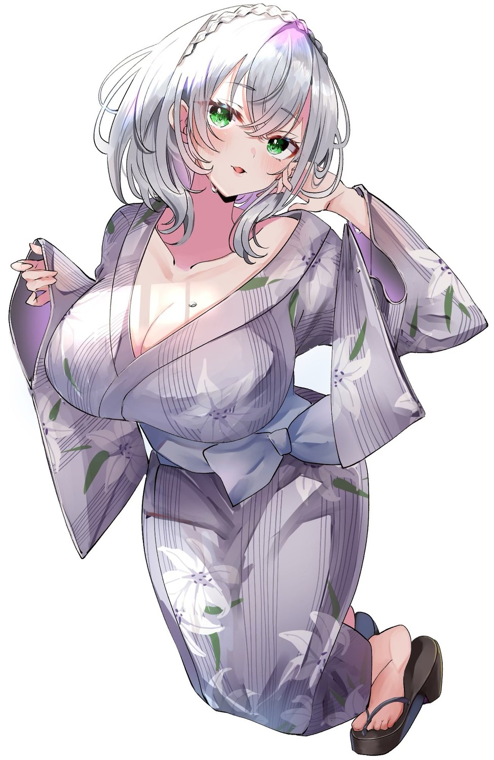 cleavage hololive nagae_yua no_bra open_shirt shirogane_noel yukata