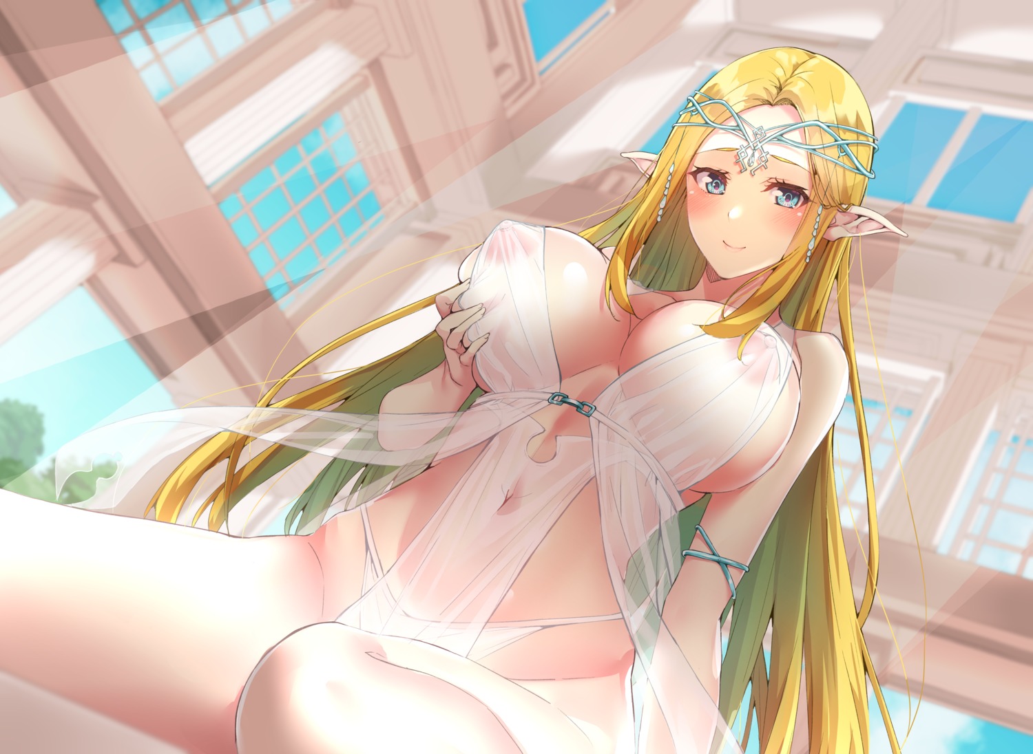 breast_hold elf kaeru_no_ashi nipples no_bra pantsu pointy_ears see_through