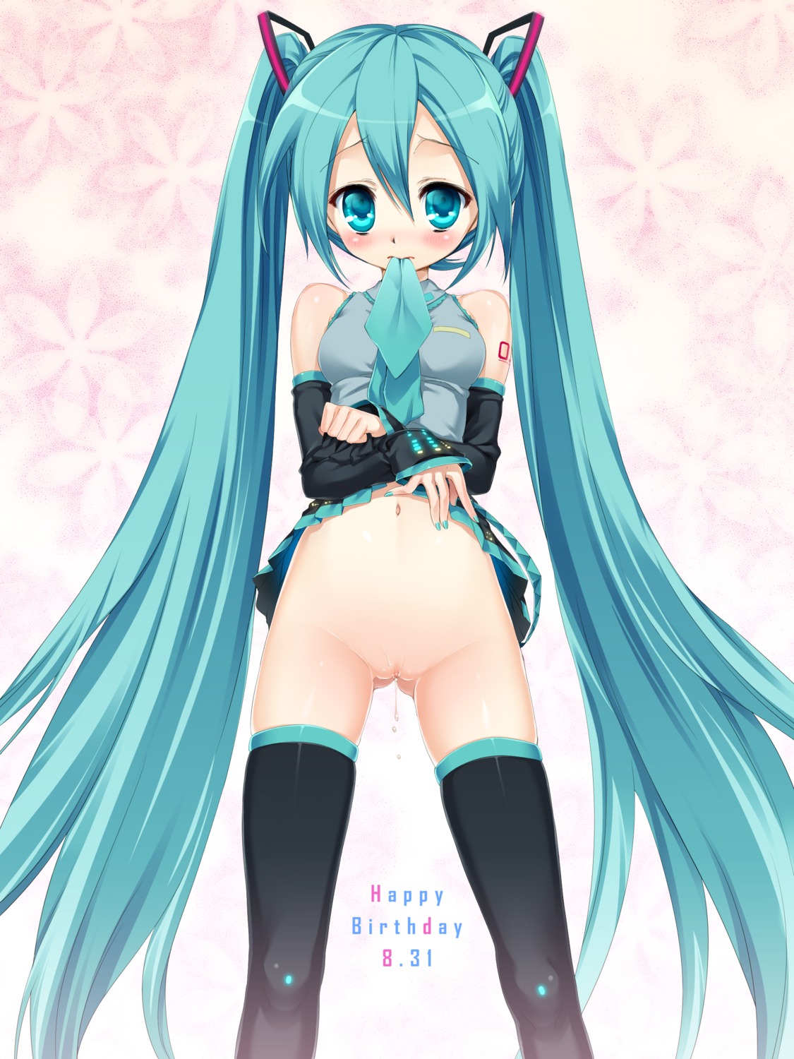 bleed_through hatsune_miku hisasi loli nopan pussy pussy_juice skirt_lift thighhighs uncensored vocaloid