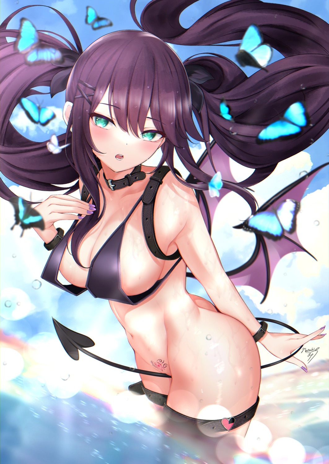 bikini_top bottomless garter kazanock swimsuits tail tattoo wardrobe_malfunction wet wings