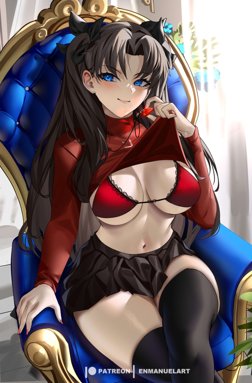 bra enmanuelart20 fate/stay_night shirt_lift thighhighs toosaka_rin