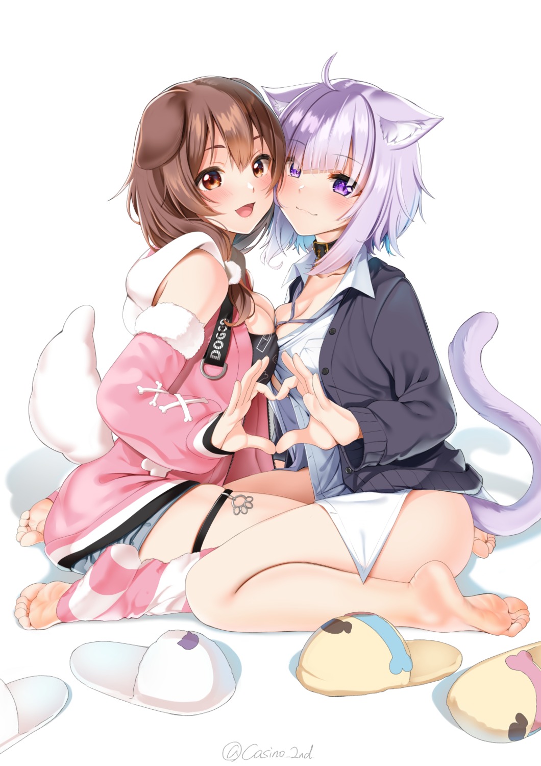 animal_ears casino_(casinoep) garter hololive hololive_gamers inugami_korone inumimi nekomata_okayu nekomimi open_shirt symmetrical_docking tail