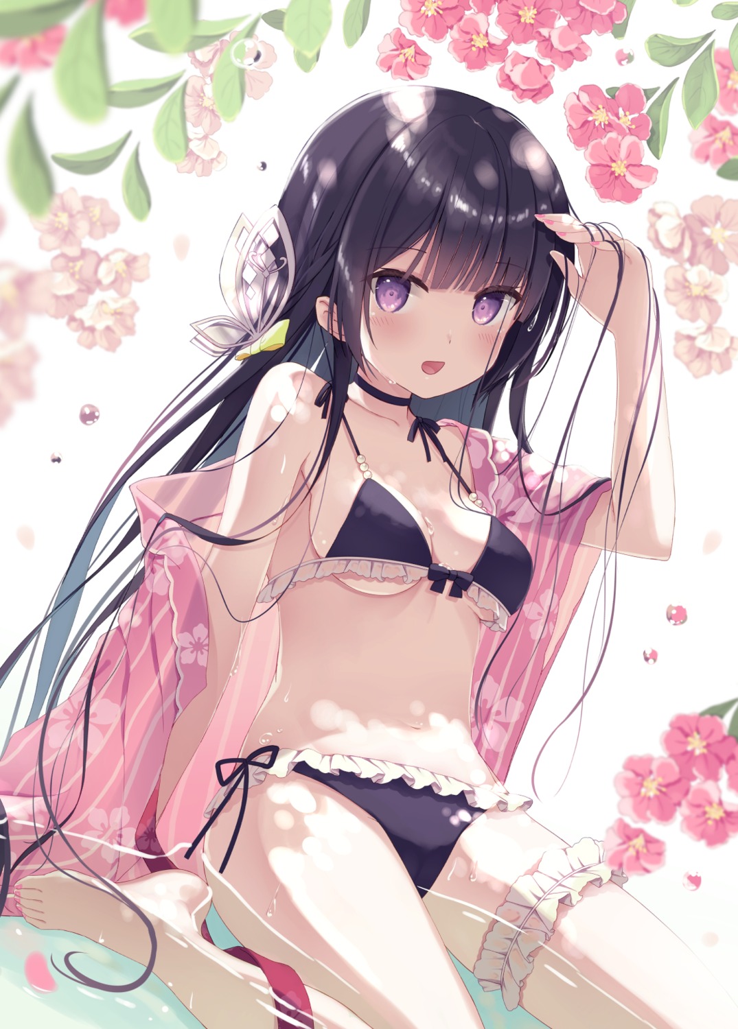 bikini garter humuyun japanese_clothes kazari_(humuyun) open_shirt see_through swimsuits wet wet_clothes