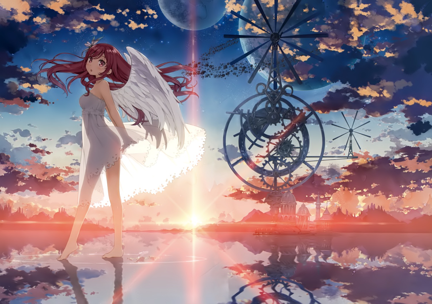 5_nenme_no_houkago dress kantoku kurumi_(kantoku) landscape see_through skirt_lift summer_dress wings