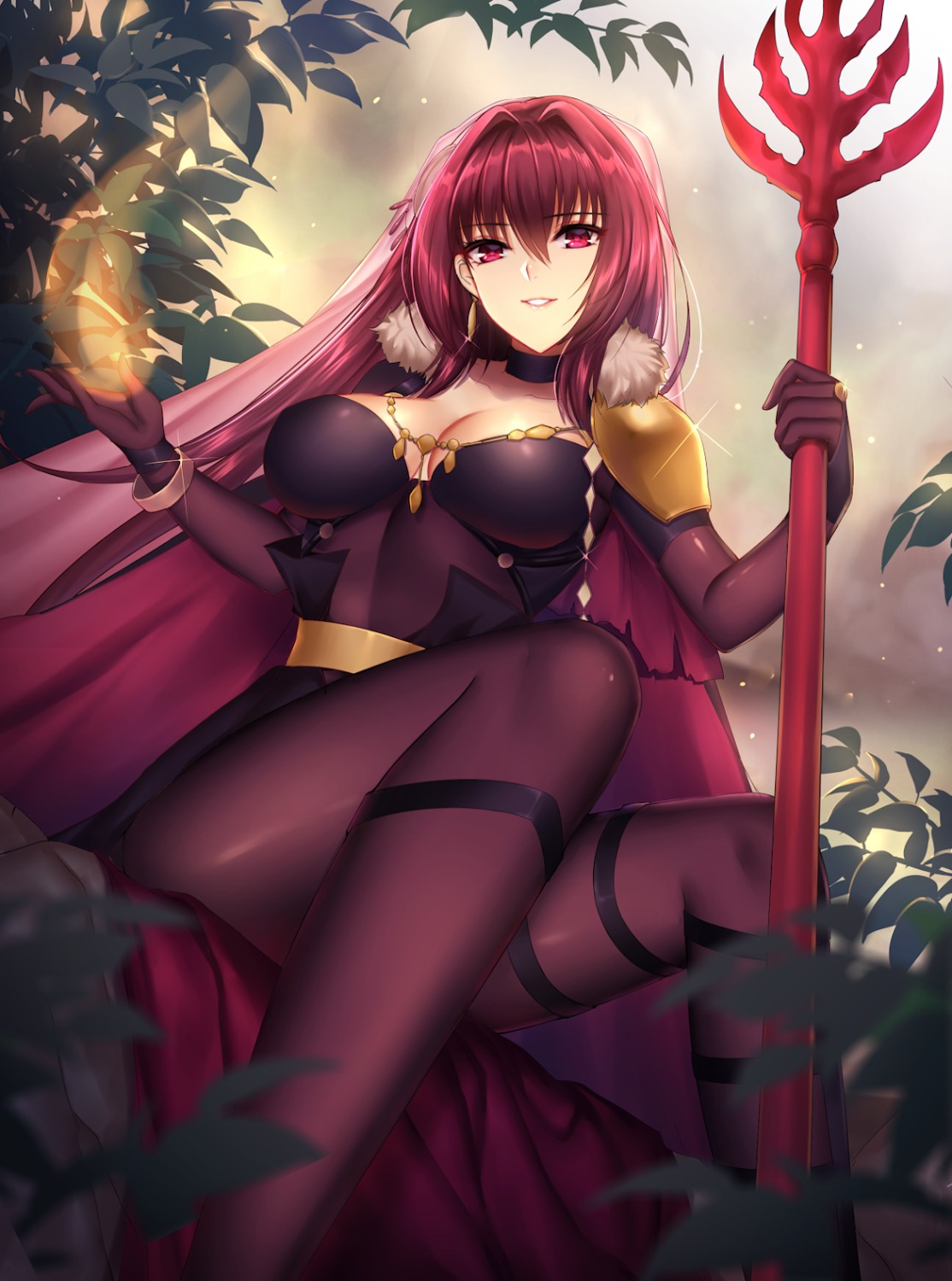 armor bodysuit cleavage fate/grand_order mallizmora pantyhose scathach_(fate/grand_order) weapon